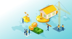 Isometric vector of a building process of a home from engineer planning, bank money borrowing  to presentation by a real estate agent to a young family 