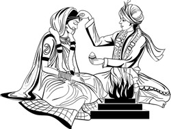 INDIAN WEDDING SYMBOL GROOM AND BRIDE SINDOOR FUNCTION WITH WEDDING FLAME HAWAN ILLUSTRATION BLACK AND WHITE CLIP ART