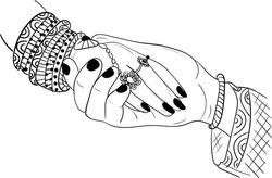 Indian wedding symbol hand of groom and bride, hastmilap function black and white line drawing clip art illustraiton. Indian wedding clip art of hastmilap program. 