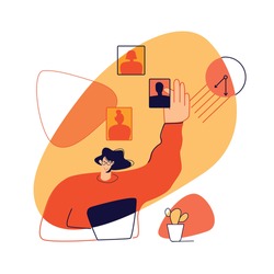 The woman works in the office and chooses the performers. The concept of delegating tasks, multitasking, choice. Vector flat illustration isolated on motley background. Yellow and red colors.