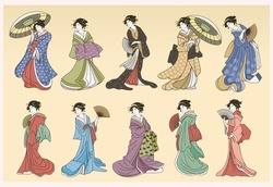 Vector Set Traditional Japanese Women