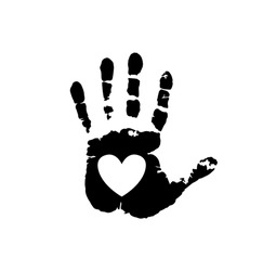 Black silhouette of human hand print with heart symbol in open palm isolated on white background. Vector monochrome illustration, icon, logo, clip art. White heart in black palm print.