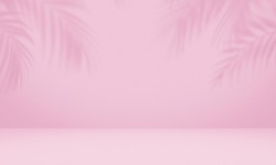 Empty palm shadow pink color texture pattern cement wall background. Used for presentation  business nature organic cosmetic products for sale shop online. Summer tropical beach with minimal concept.