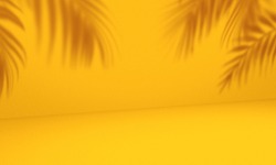 Empty palm shadow yellow color texture pattern cement wall background. Used for presentation  business nature organic cosmetic products for sale shop online. Summer tropical beach with minimal concept