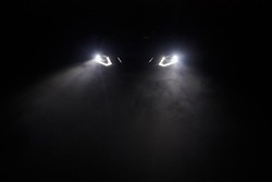 The headlights of the car, the rays of light make their way through the fog of the night
