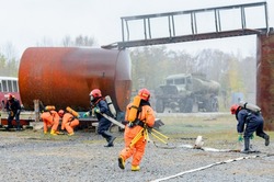 Ministry of Emergency Situations. 
 Fire extinguishing. Extinguishing the fire of a railway tank car. Fire safety measures. A fire brigade is working. Belarus