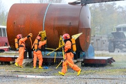 Ministry of Emergency Situations.  Fire extinguishing. Extinguishing the fire of a railway tank car. Fire safety measures. A fire brigade is working. Belarus