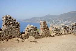 Alanya fortress. Ich Kale. Internal fortress. Fortress walls. Chilarda-Burnu Peninsula. Alanian mountain. Observation deck. Mediterranean Sea. Turkey