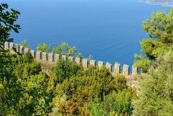 Wall of the Alanya fortress. Alanya fortress. Ich Kale. Internal fortress. Fortress walls. Chilarda-Burnu Peninsula. Alanian mountain. Observation deck. Mediterranean Sea. Turkey