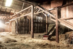 Inside Rustic Wooden Old Barn Hay Bales Straw Sunlight Rays Light Beams Farm