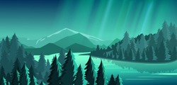 Vector illustration of beautiful view with forest, mountains, lake and Aurora blue sky with a lot of star, northern lights. Travel concept, exploring the world.