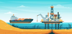 Oil gas extraction vector illustration. Cartoon flat drill oilfield technology, offshore extracting pump tower station at sea water, ship tanker passing to rig drilling platform infographic poster