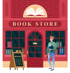 Book store facade vector illustration. Cartoon vintage city building architecture of bookstore and boy student character walking to door of shop to buy books, cityscape with bookshop background