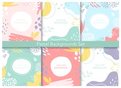 Abstract pastel patterns, cute lines circle blob geometric shapes set, creative collage