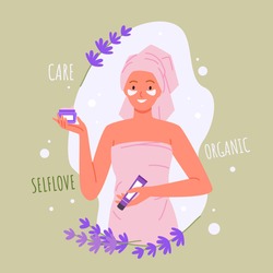 Cartoon happy woman character in towel after shower holding tube container with lavender cream to care for skin. Skincare wellness organic cosmetic treatment for daytime routine vector illustration.