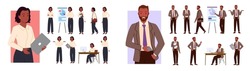 man employee with beard holding phone and laptop, walking isolated on white, Businesswoman poses set, girl manager. Cartoon office worker character showing business presentation on lecture