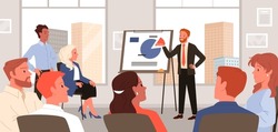 Leader businessman coaching at whiteboard, teaching group of corporate partners in auditorium vector illustration. Cartoon professional speaker giving board presentation background. Education concept