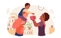 Happy family putting money in piggy bank. Child saving coins in finance box, common budget planning, parents savings funds, family banking and investment vector illustration