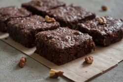 Dark chocolate brownie bars, pieces with walnuts