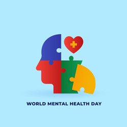 World mental health day concept poster background design. Human head jigsaw piece puzzle with love heart medical treatment symbol vector illustration
