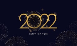 Happy New Year 2022 Poster. Golden Typography Line with Elegant Classic Watch and Fireworks Background Vector Illustration Design