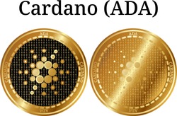 Set of physical golden coin Cardano (ADA), digital cryptocurrency. Cardano (ADA) icon set. Vector illustration isolated on white background.