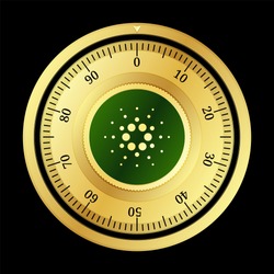 Cardano (ADA) cryptocurrency safe lock. Eps10 vector illustration isolated on black background.