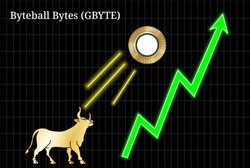 Gold bull, throwing up Byteball Bytes (GBYTE) cryptocurrency golden coin up the trend. Bullish Byteball Bytes (GBYTE) chart