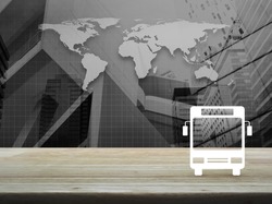 Bus flat icon on wooden table over black and white world map, city tower and skyscraper, Business transportation service concept, Elements of this image furnished by NASA