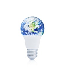 Earth globe inside led light bulb isolated on white background, Ecology saving power and energy concept, Elements of this image furnished by NASA