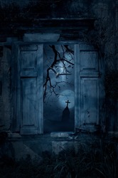 Seagull bird fly in old damaged wood window with wall over cross, church, birds, dead tree, full moon and spooky cloudy sky, Halloween mystery concept