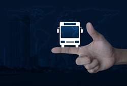 Bus flat icon on finger over world map and modern city tower, Business transportation service concept, Elements of this image furnished by NASA