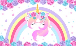 Fantasy blue and pink background with the head of a magical unicorn with closed eyes, rainbow, hearts and stars. Template for design and decoration. Vector illustration for children.