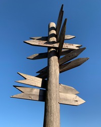 Wooden post with many pointers against the sky. There are different signs at the crossroads. There is a signpost for travelers at the crossroads.
