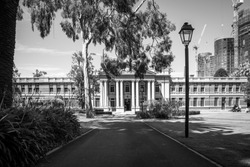 The Supreme Court of Western Australia seen from Stirling Garden in Perth in black and white
