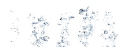 Real Images of small air water bubbles  or soda floating up to water surface. Gas power in carbonate refreshing on white background