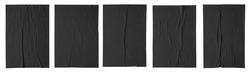 black paper wrinkled poster template , blank glued creased paper sheet mockup. black poster mockup on wall. empty paper mockup. clipping path
