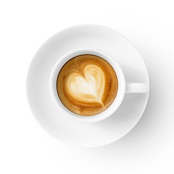 hot coffee cup,cappuccino, espresso, top view, have heart shaped cream isolated with clipping path on white background.