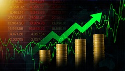 Stock market chart for forex trading graph.Arrow green growing on a golden coins step increase.Business banner background