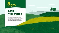 Vector illustration of landscape with agricultural fields. Design for farming company with crops, farm, cultivated land. Template with agriculture for banner, layout, flyer, booklet, brochure, web, ad