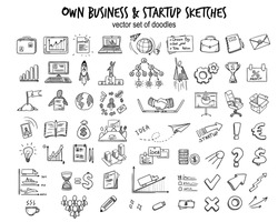 Sketch business startup elements collection with doodle financial icons tools objects and equipment isolated vector illustration