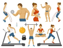 Fitness decorative flat icons set with man woman treadmill ball water weight yoga dumbbell isolated vector illustration