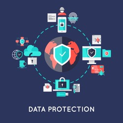 Data protection international system design with earth in center secure devices around on blue background vector illustration