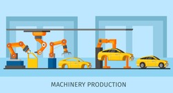 Industrial automated machinery manufacturing template with robotic arms and manipulators working on assembly line vector illustration