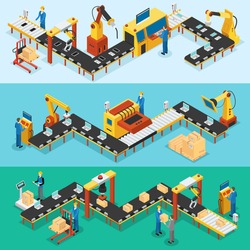 Isometric industrial factory horizontal banners with automated lines of production assembly and packaging processes vector illustration