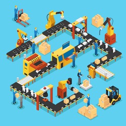Isometric automated production line concept with people robotic arms and industrial automatic manufacturing process vector illustration