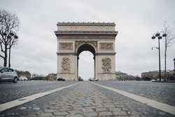 The Arc de Triomphe de l'Étoile during coronavirus lockdown in Paris - Ghost City After a Lockdown - Empty streets in the centre of Paris due the lockdown because of the coronavirus - CHamps Elysees