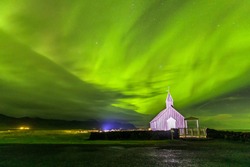 Aurora Borealis (Northern Lights) at Black Church in Budir, Iceland