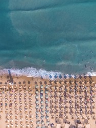 Aerial View From Flying Drone Of People Crowd Relaxing On Beach In Bulgaria
