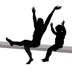 Vector silhouettes of a sitting young woman and a child. Mom and son are doing morning exercises, physical exercises, hands are raised. Waving legs, bare feet. isolated on white background.